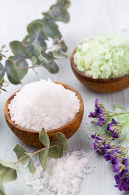 Doğal deniz tuzlu spa seti. Salon tedavisi daveti için spa konsepti veya şablonu. 