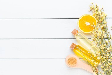 Spa aromaterapi kozmetik ürünler konsepti, metin için bir arkaplan, düzlük, yukarıdan görünüm.