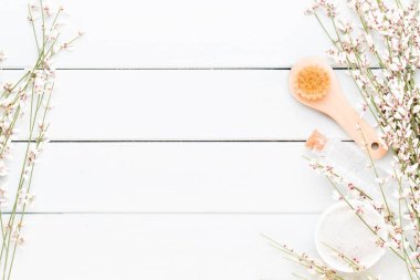 Spa aromaterapi kozmetik ürünler konsepti, metin için bir arkaplan, düzlük, yukarıdan görünüm.