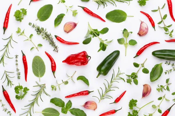 Kräuterblätter Und Chilipfeffer Auf Weißem Hintergrund Würzen Gemüsemuster Blumen Und — Stockfoto