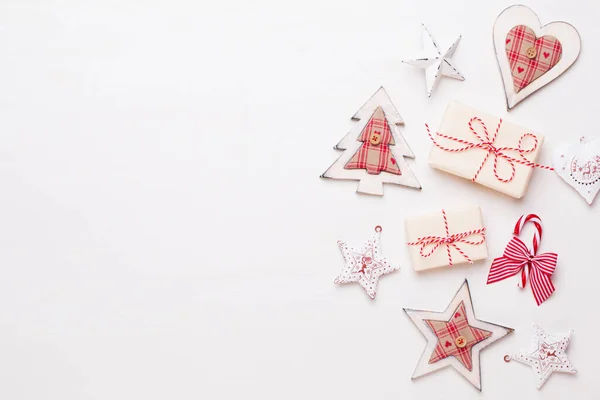 Christmas Composition Wooden Decorations Stars White Background Christmas Winter New — Stock Photo, Image