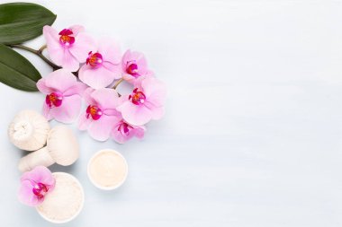 Spa aromaterapi arka planı, basit orkide çiçekleriyle süslenmiş çeşitli güzellik ürünleri..