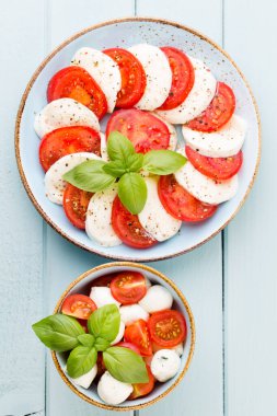 Domates, mozzarella peyniri, fesleğen ve baharatlar gri tahtada. İtalyan geleneksel Caprese salata malzemeleri. Akdeniz yemekleri.