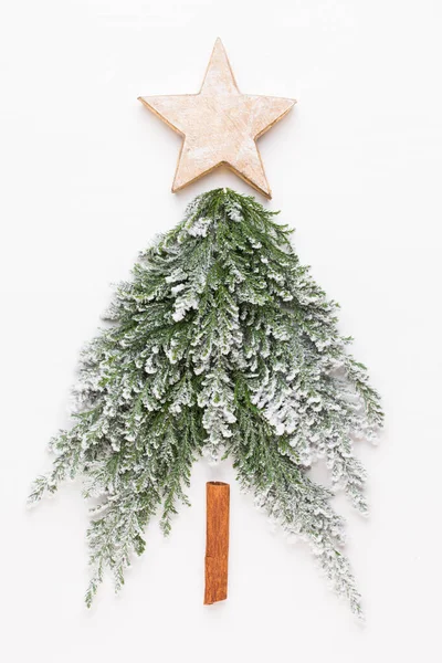 Noel ağacı bembeyaz arka planda yatıyordu. Yeni yıl konsepti. Uzayı kopyala Düz yatıyordu. Üst görünüm.