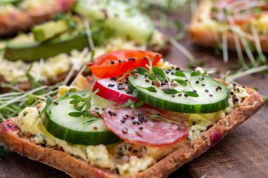 Krem peynirli, sebzeli ve salamlı mini sandviçler. Salatalıklı sandviçler, turp, domates, gri arka planda salam, üst manzara. Düz yatıyordu.