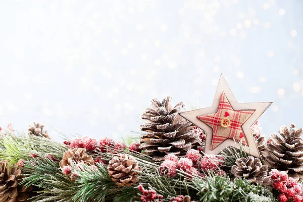 Vánoce Nový Rok Dovolená Bokeh Pozadí Vánoční Dekorace Banner Snowy — Stock fotografie