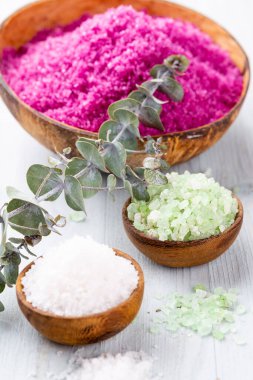 Doğal deniz tuzlu spa seti. Salon tedavisi daveti için spa konsepti veya şablonu. 