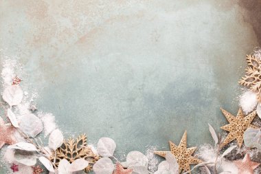 Klasik mavi arka planda güzel, pembe bir Noel çiçeği. Düz dizayn. Uzayı kopyala Yatay.