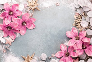 Klasik mavi arka planda güzel, pembe bir Noel çiçeği. Düz dizayn. Uzayı kopyala Yatay.