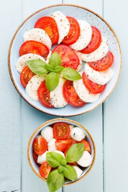 Domates, mozzarella peyniri, fesleğen ve baharatlar gri tahtada. İtalyan geleneksel Caprese salata malzemeleri. Akdeniz yemekleri.