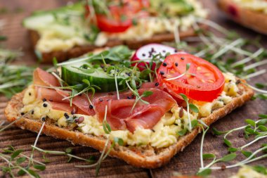 Krem peynirli, sebzeli ve salamlı mini sandviçler. Salatalıklı sandviçler, turp, domates, gri arka planda salam, üst manzara. Düz yatıyordu.
