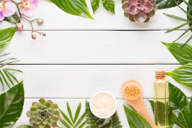 Spa kozmetik ürünleri konsepti, metin için bir arkaplan, düz uzanma, yukarıdan görünüm.