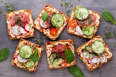 Krem peynirli, sebzeli ve salamlı sandviç. Salatalıklı sandviçler, turp, domates, gri arka planda salam, üst manzara. Düz yatıyordu.