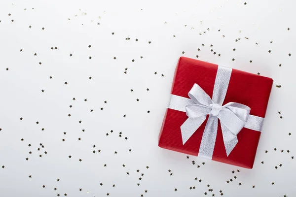 Χριστουγεννιάτικο Πανό Φόντο Xmas Σχεδιασμό Ρεαλιστικά Δώρα Κουτί Και Glitter — Φωτογραφία Αρχείου