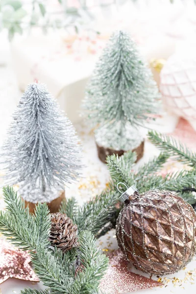 Año Nuevo Celebración Árbol Fondo Navidad Decoraciones Bolas Navidad Vista —  Fotos de Stock