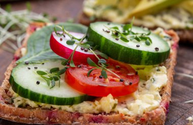 Krem peynirli, sebzeli ve salamlı mini sandviçler. Salatalıklı sandviçler, turp, domates, gri arka planda salam, üst manzara. Düz yatıyordu.