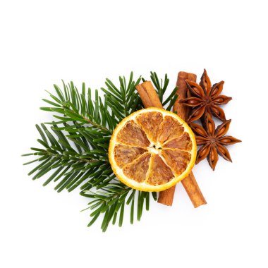 Beyaz arkaplanda çam kozalakları ve köknar ağacı dalı.