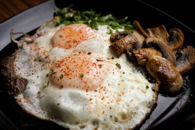 Otlar ve mantar ile kızarmış yumurta. Üstten görünüm