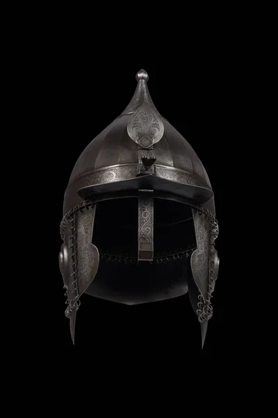 medieval knight helmet Checak with ornament on black background