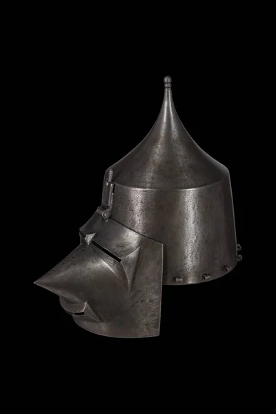 medieval knight helmet Bacinet with closed visor on black background