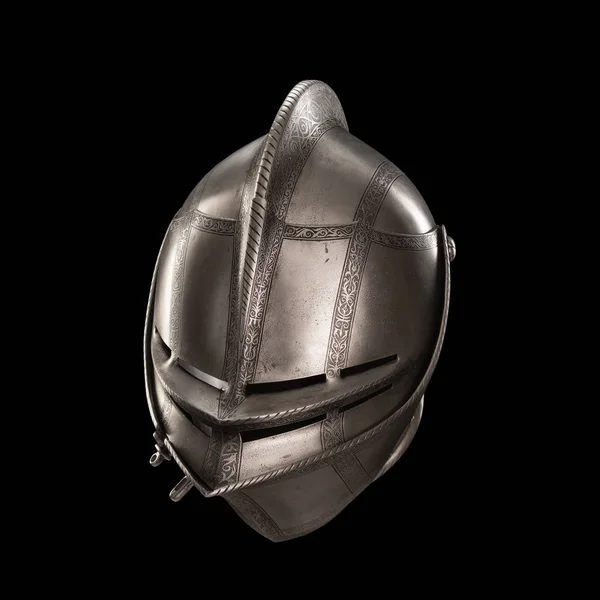 medieval knightly Italian helmet Armet, period of the 16th century, on a white background.