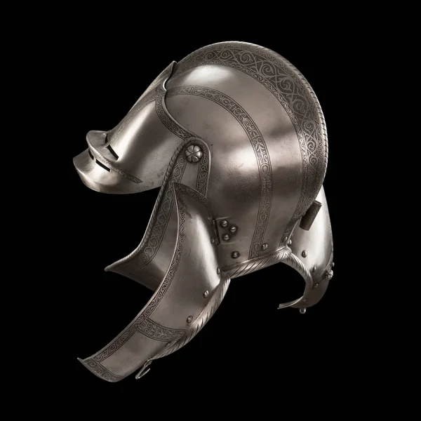 medieval knightly Italian helmet Armet, period of the 16th century, on a white background.