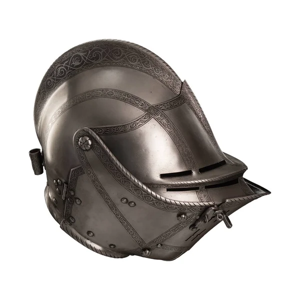 medieval knightly Italian helmet Armet, period of the 16th century, on a white background.