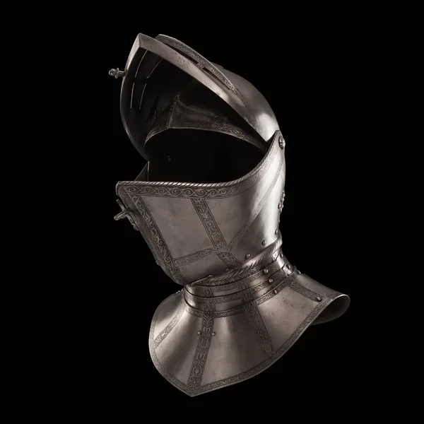 medieval knightly Italian helmet Armet, period of the 16th century, on a white background.