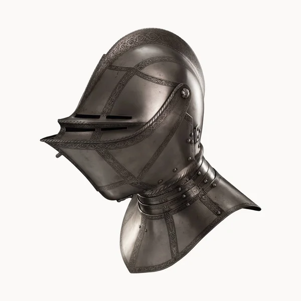 medieval knightly Italian helmet Armet, period of the 16th century, on a white background.