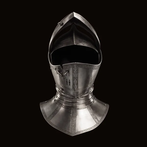 medieval knightly Italian helmet Armet, period of the 16th century, on a white background.