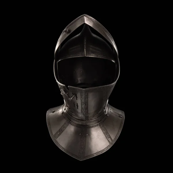 medieval knightly Italian helmet Armet, period of the 16th century, on a white background.