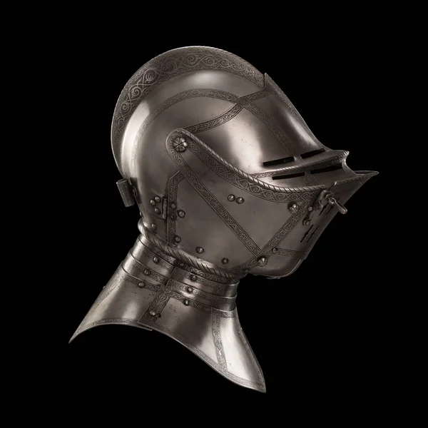 medieval knightly Italian helmet Armet, period of the 16th century, on a white background.