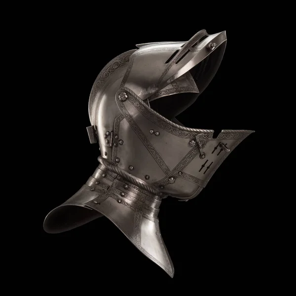 medieval knightly Italian helmet Armet, period of the 16th century, on a white background.