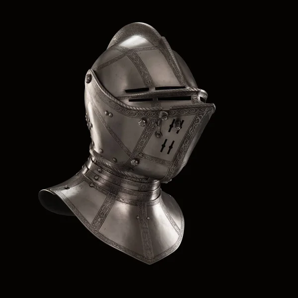 medieval knightly Italian helmet Armet, period of the 16th century, on a white background.