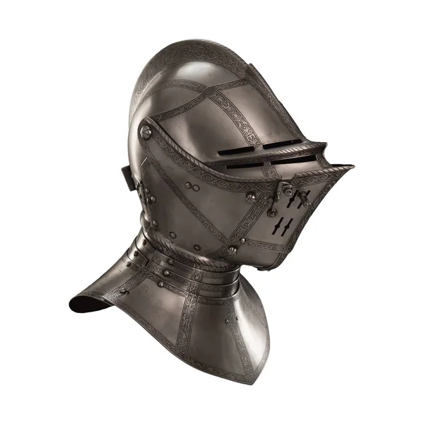 medieval knightly Italian helmet Armet, period of the 16th century, on a white background.