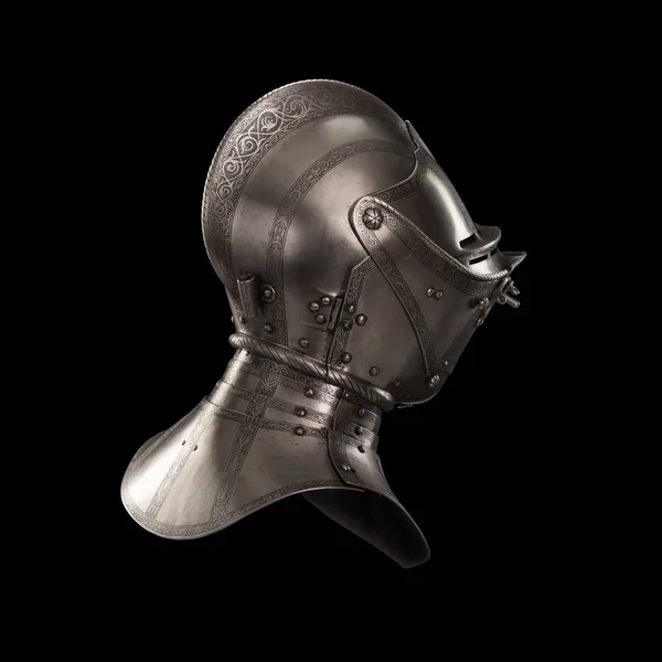 medieval knightly Italian helmet Armet, period of the 16th century, on a white background.