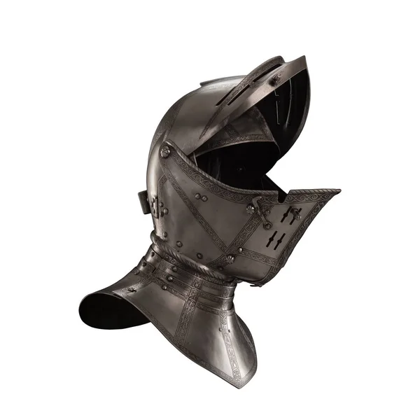 medieval knightly Italian helmet Armet, period of the 16th century, on a white background.