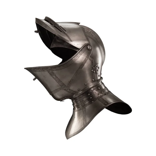 medieval knightly Italian helmet Armet, period of the 16th century, on a white background.