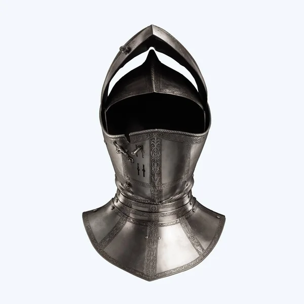 medieval knightly Italian helmet Armet, period of the 16th century, on a white background.