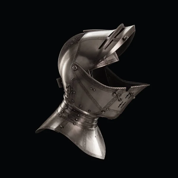 medieval knightly Italian helmet Armet, period of the 16th century, on a white background.