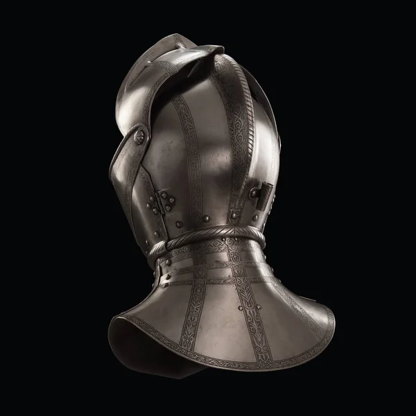 medieval knightly Italian helmet Armet, period of the 16th century, on a white background.