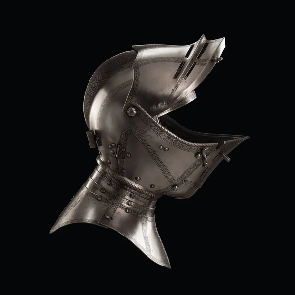 medieval knightly Italian helmet Armet, period of the 16th century, on a white background.