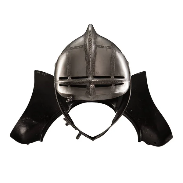 medieval knightly Italian helmet Armet, period of the 16th century, on a white background.