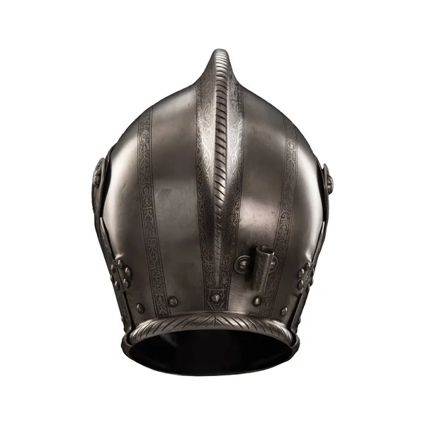 medieval knightly Italian helmet Armet, period of the 16th century, on a white background.