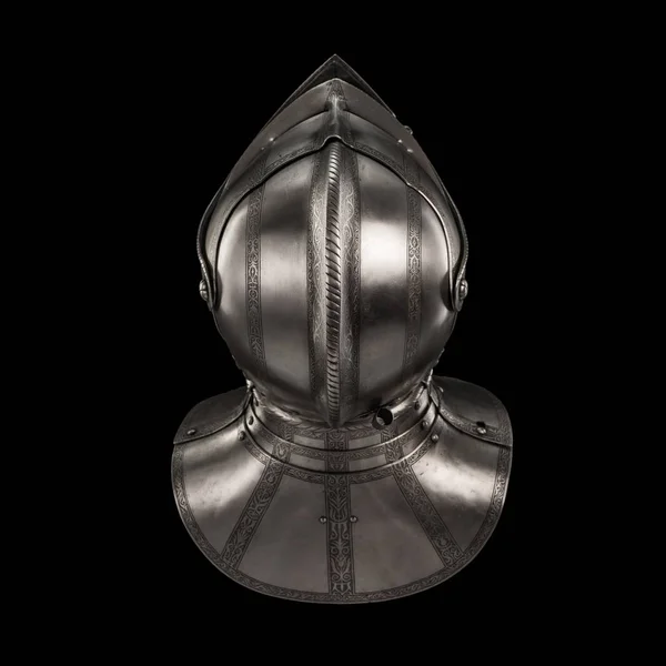 medieval knightly Italian helmet Armet, period of the 16th century, on a white background.