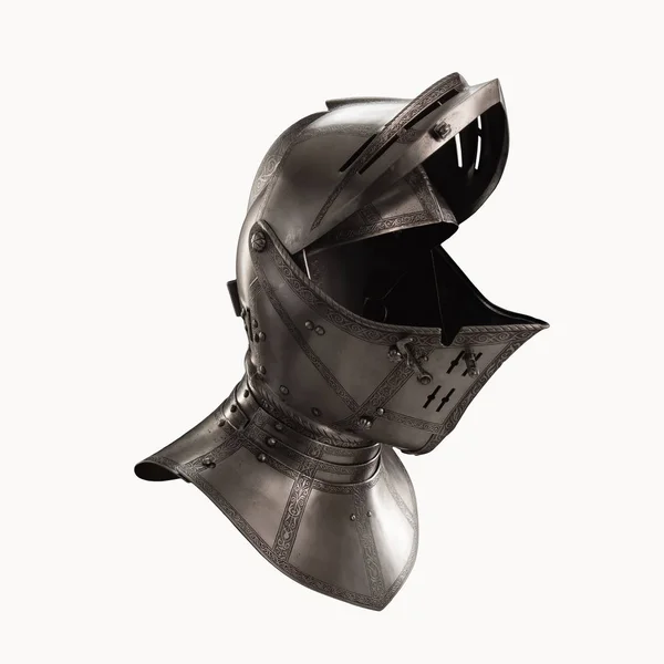 medieval knightly Italian helmet Armet, period of the 16th century, on a white background.