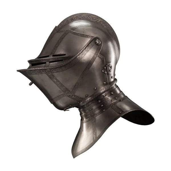 medieval knightly Italian helmet Armet, period of the 16th century, on a white background.