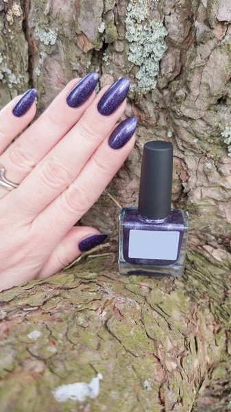 Female hand with long nails with purple nail polish