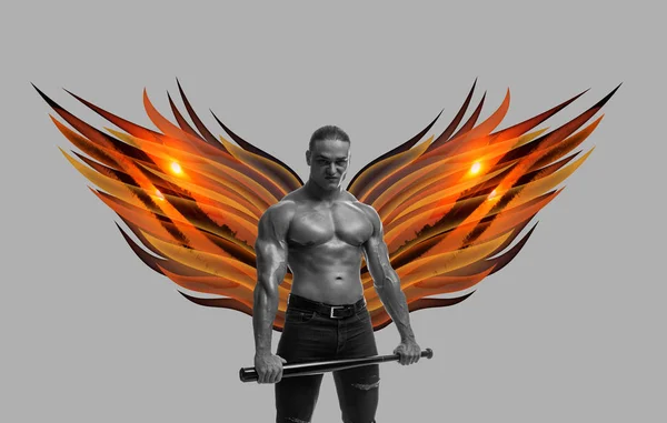 Collage Bodybuilder Homme Brutal Avec Torse Nu Avec Des Ailes Colorees Derriere Le Dos Sur Un Fond Blanc Photographie Kozlik C 138042352