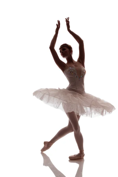 woman ballerina in white pack posing on white background, photo made in the style of \